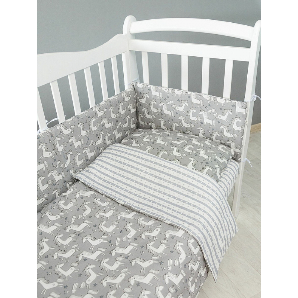 Комплект в кроватку AmaroBaby Baby Boom 3 предмета Сказочные Единорожки, серый/белый (бязь)